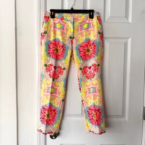 Manoush Colorful Vibrant Print Floral Mirror Scroll Baroque Print Ankle Pants 38